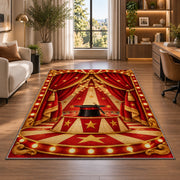 Circus Stage Rug in a living room with a desk and large windows