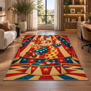 Vintage Clown Rug in a living room with a desk and large windows
