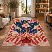 Circus Tightrope Rug in a living room with a desk and large windows
