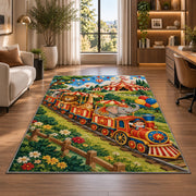 Circus Train Rug in a living room with a desk and large windows