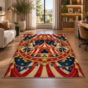 Vintage Circus Emblem Rug in a living room with a desk and large windows