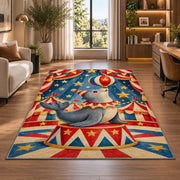 Circus Seal Rug in a living room with a desk and large windows