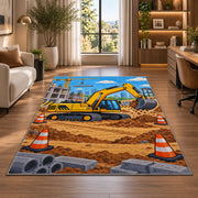 Yellow Excavator Rug in a living room with a desk and large windows