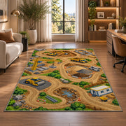 Construction Site Play Mat Rug in a living room with a desk and large windows