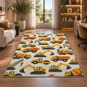 Construction Vehicles Pattern Rug in a living room with a desk and large windows