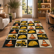 Retro Checkered Construction Rug in a living room with a desk and large windows