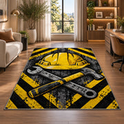 Hard Hat and Tools Rug in a living room with a desk and large windows
