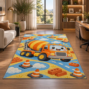 Cute Cement Mixer Rug in a living room with a desk and large windows