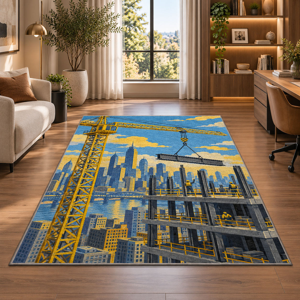 Tower Crane City Rug in a living room with a desk and large windows