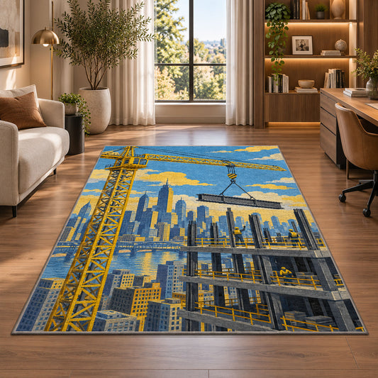 Tower Crane City Rug in a living room with a desk and large windows