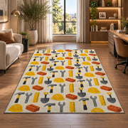 Construction Tools Pattern Rug in a living room with a desk and large windows