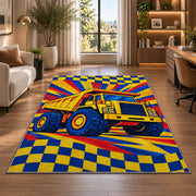 Pop Art Dump Truck Rug in a living room with a desk and large windows