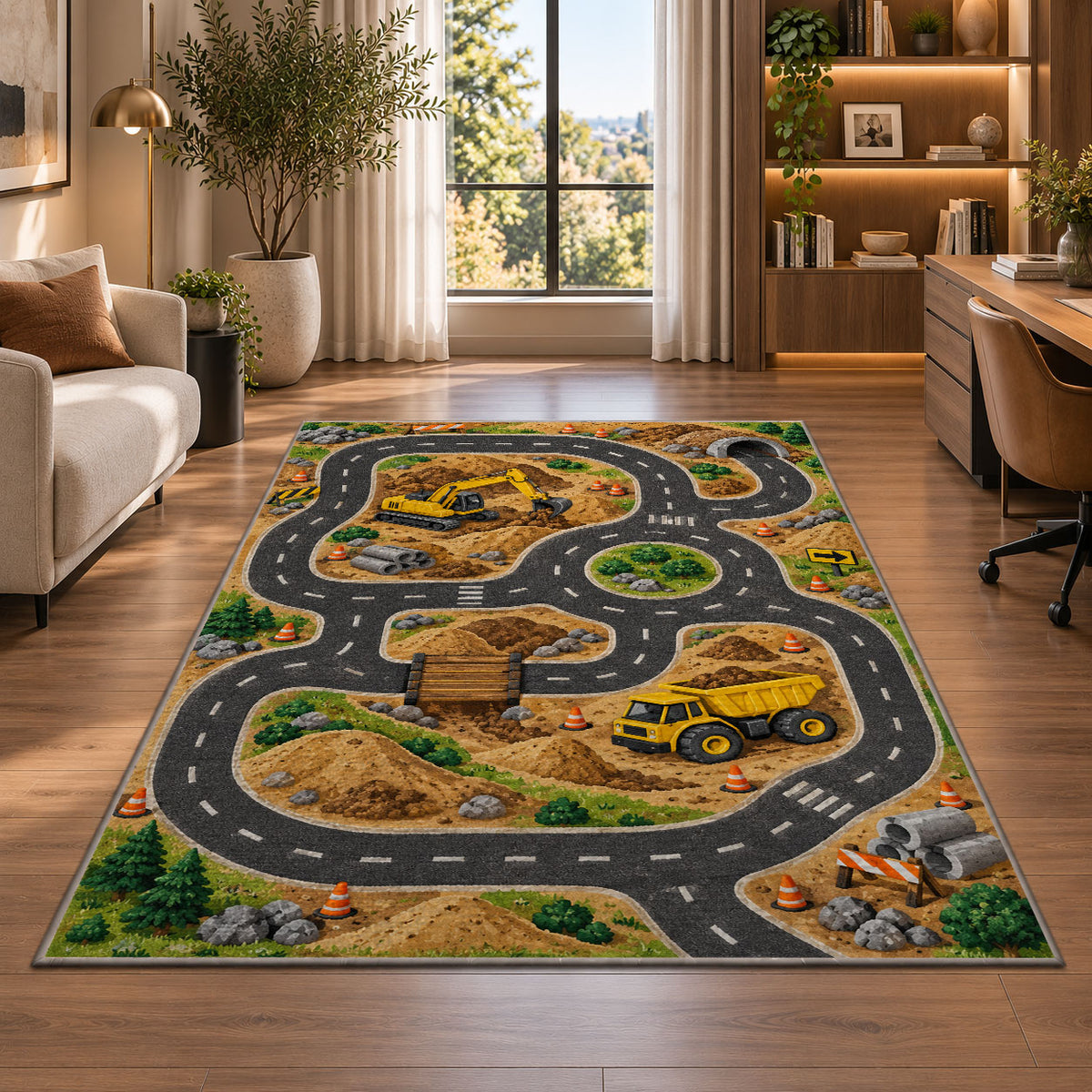 Construction Race Track Rug in a living room with a desk and large windows