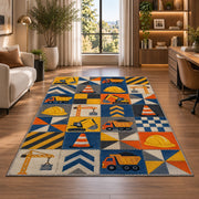 Construction Patchwork Rug in a living room with a desk and large windows