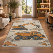 Minimalist Excavator Line Art Rug in a living room with a desk and large windows