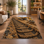 Excavator Tracks Rug in a living room with a desk and large windows
