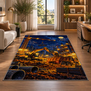 Construction Site at Night Rug in a living room with a desk and large windows