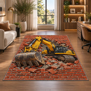 Excavator Brick Wall Rug in a living room with a desk and large windows