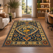 Persian Style Construction Rug in a living room with a desk and large windows