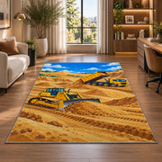 Bulldozer Dump Truck Rug in a living room with a desk and large windows