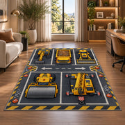 Construction Vehicle Parking Rug in a living room with a desk and large windows