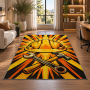 Hard Hat Sunburst Rug in a living room with a desk and large windows