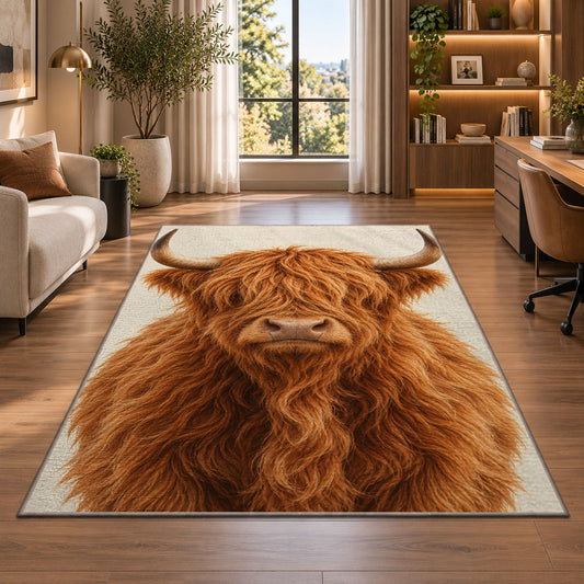 Highland Cow Portrait Rug in a living room with a desk and large windows