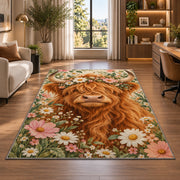 Highland Cow Flower Crown Rug in a living room with a desk and large windows