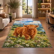 Highland Cow Mountain Meadow Rug in a living room with a desk and large windows
