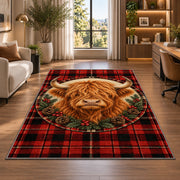 Highland Cow Tartan Plaid Rug in a living room with a desk and large windows