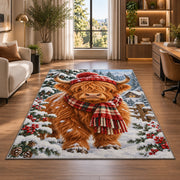 Highland Cow Winter Rug in a living room with a desk and large windows