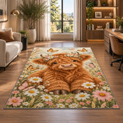 Baby Highland Cow Nursery Rug in a living room with a desk and large windows