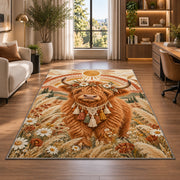 Boho Highland Cow Rug in a living room with a desk and large windows