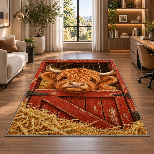 Highland Cow Barn Door Rug in a living room with a desk and large windows