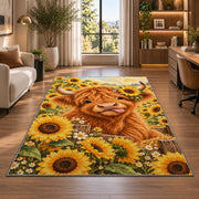 Highland Cow Sunflower Rug in a living room with a desk and large windows