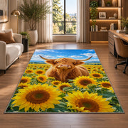 Highland Cow Sunflower Field Rug in a living room with a desk and large windows