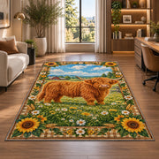 Highland Cow Farm Scene Rug in a living room with a desk and large windows