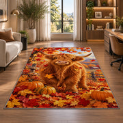 Highland Cow Autumn Rug in a living room with a desk and large windows