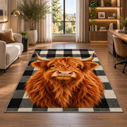 Highland Cow Buffalo Check Rug in a living room with a desk and large windows