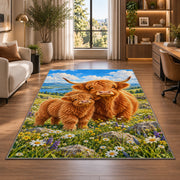 Highland Cow Mom and Calf Rug in a living room with a desk and large windows