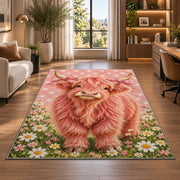 Pink Highland Cow Rug in a living room with a desk and large windows