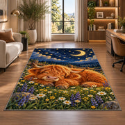 Sleeping Highland Cow Rug in a living room with a desk and large windows
