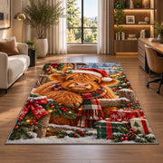 Christmas Highland Cow Rug in a living room with a desk and large windows