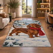 Dachshund Winter Rug in a living room with a desk and large windows