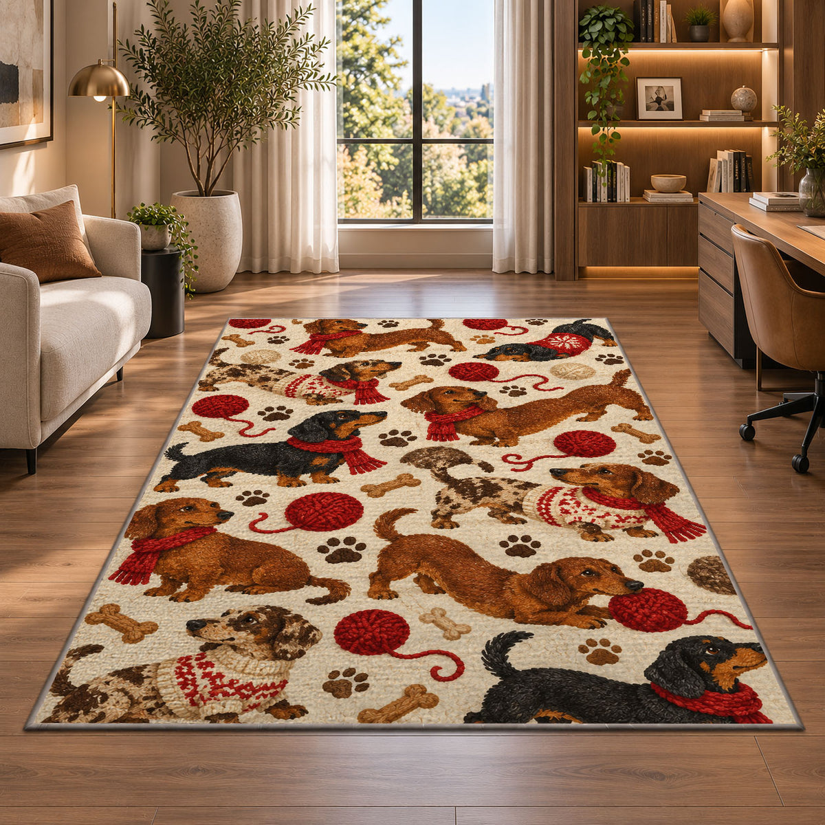 Dachshund Pattern Rug in a living room with a desk and large windows