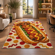 Hot Dog Dachshund Rug in a living room with a desk and large windows