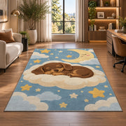 Sleeping Dachshund Puppy Rug in a living room with a desk and large windows