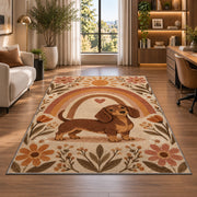 Boho Dachshund Rainbow Rug in a living room with a desk and large windows