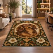 Vintage Dachshund Portrait Rug in a living room with a desk and large windows