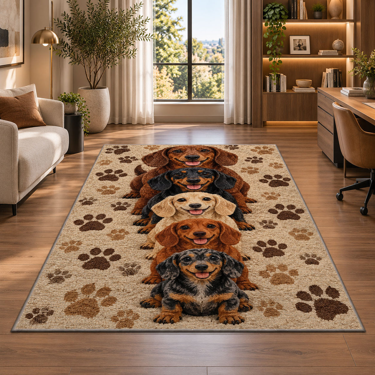 Dachshund Family Rug in a living room with a desk and large windows
